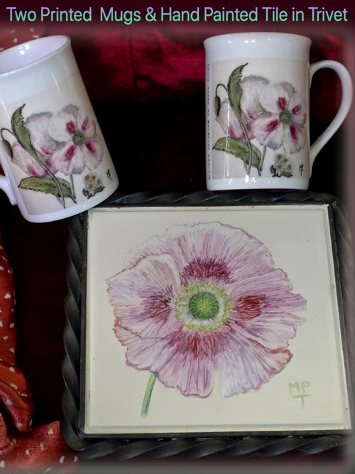 Hand Painted Tile in Trivet with Printed Mugs