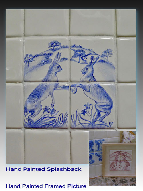 'Fighting Hares' Backsplash & Hand Painted Framed Tiles in Pink.