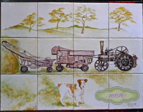 Farm and Countryside Tiles.Country Kitchen Tile Backsplash "Dog and Threshing Machine" For Sale on "The Margaret Taylor Collection" Link on top of each Gallery Page