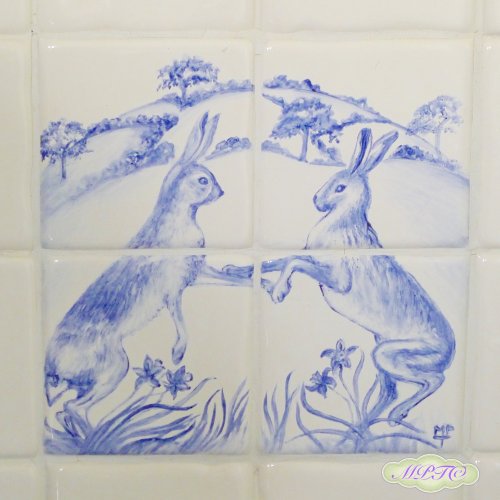 Detail of Boxing Hares (each tile £20. Picture of four tiles £80.)