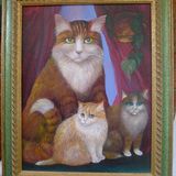 Cats in Art. Oil painting of Cat with kittens.