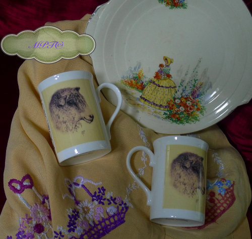 Vintage Plate, Grandma's Embroidery & Longwool Mugs