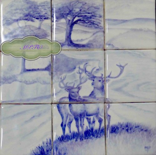 "Two Stags" Hand Painted Tile Splashback. Sale Now On The Margaret Taylor Collection.co.uk