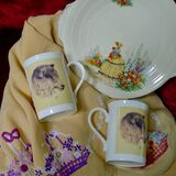 Vintage Plate, Grandma's Embroidery & Longwool Mugs