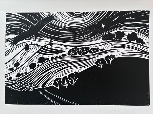 Red Kite Lin linocut lino print Pegsdon Hills Deacon Hill Chiltern Chilterns Hills Hertfordshire Bedfordshire Wildlife Trust Natural England