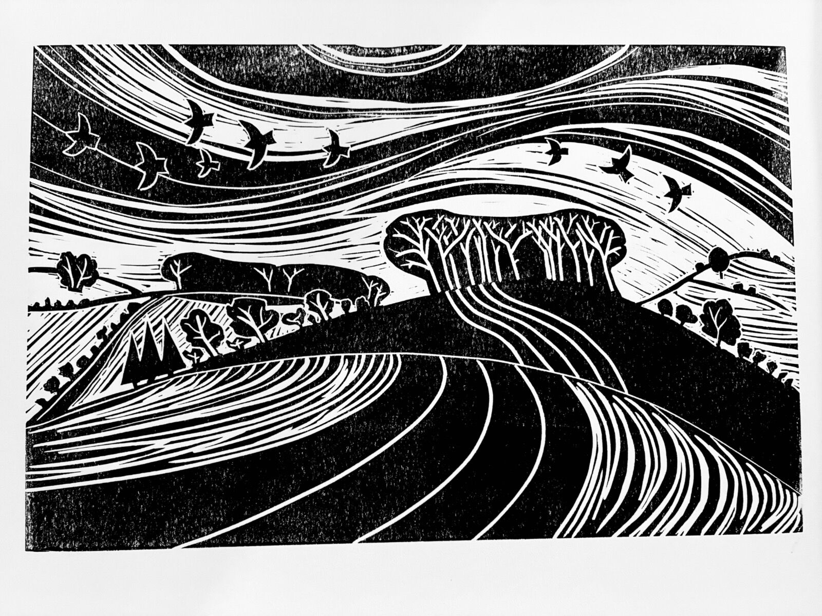 Original linocut lino print of Wood Lane and Highdown at Pirton Herts in the Chiltern Hills. Wood Lane follows the route of the Icknield Way to Deacon Hill and Pegsdon Hills