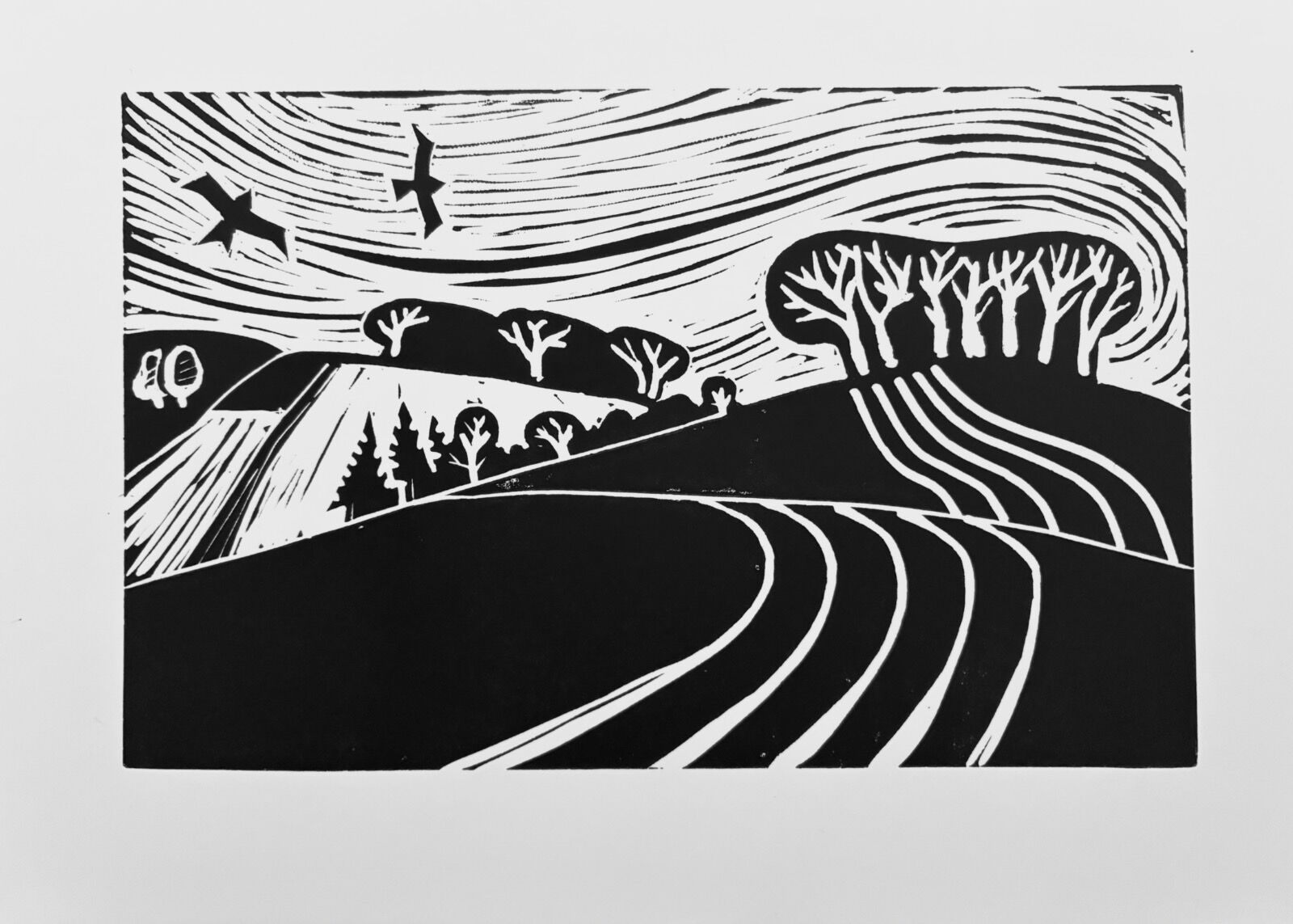 Wood Lane Pirton Icknield Way Highdown Lino Print Linocut Hertfordshire Chilterns