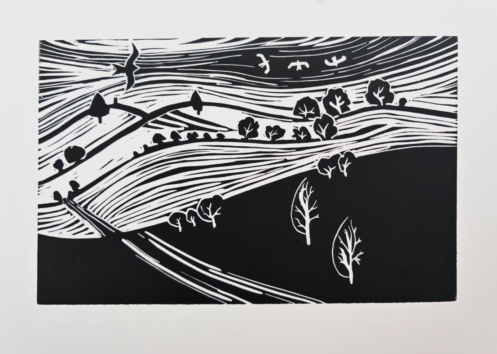 Pegsdon Hills Deacon Hill Chiltern Chilterns Hills Chalk Valleys Linocut print lino