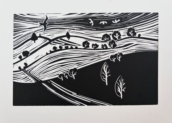 Pegsdon Hills Deacon Hill Chiltern Chilterns Hills Chalk Valleys Linocut print lino