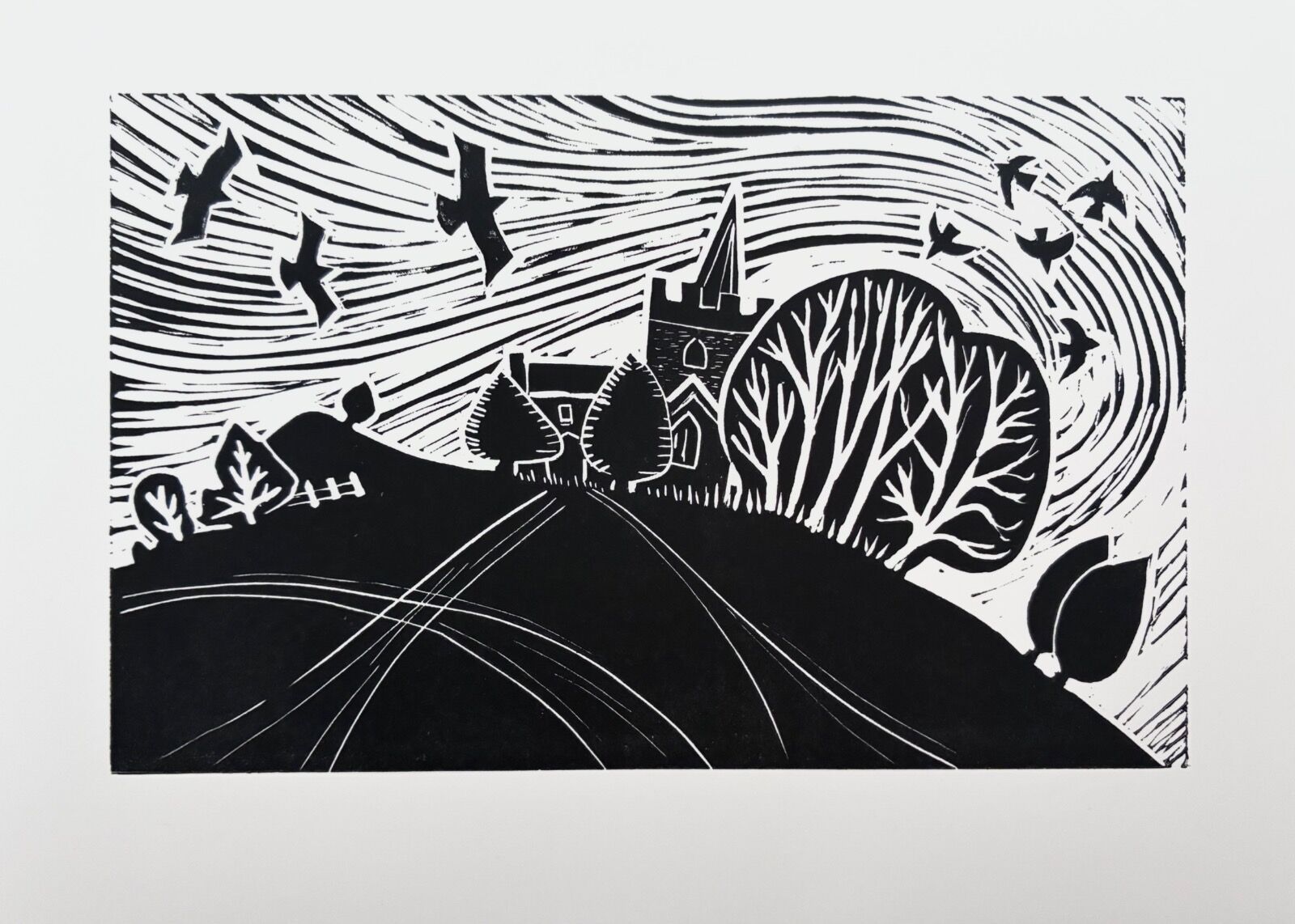The Bury Toot Hill St Marys Church Pirton Linocut lino print Hertfordshire