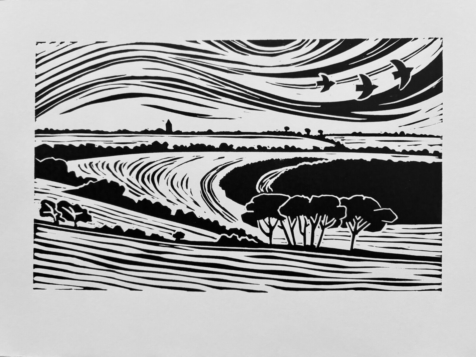 Linocut print Lower Soar Malborough Salcombe Devon