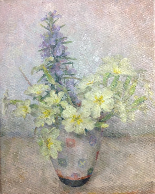 Primroses in a Patterned Pot