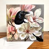 Card Magpie in magnolias £2.95 free UK delivery Magpie in blooming magnolias pink and white, spring painting printed on cards