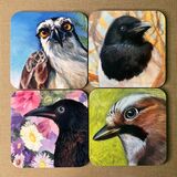 4 birds coasters set, including Osprey, Magpie, baby crow and jay. £15 free UK delivery Four coasters set with birds, magpie, jay, Osprey, baby crow
