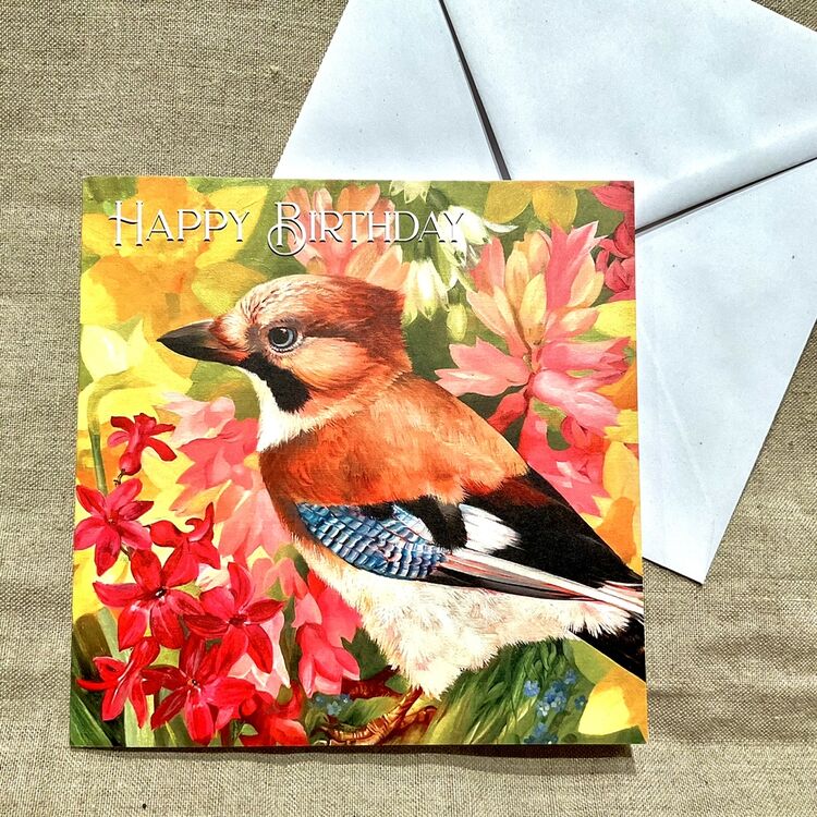 Jay bird card happy birthday card, jay in spring flowers, pink hyacinths and daffodils
