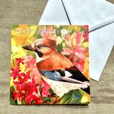 Happy birthday! Jay card £2.95, free UK delivery Jay bird card happy birthday card, jay in spring flowers, pink hyacinths and daffodils