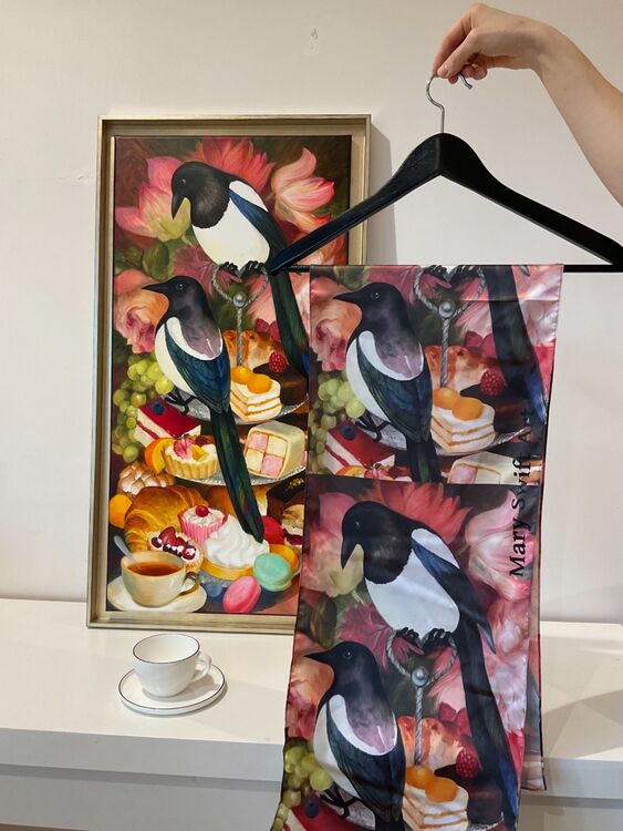 Scarf Magpie’s high tea, 30x135 cm