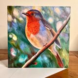 Robin card £2.95 free UK delivery Greeting card with robin redbreast in the garden full of green and sunlight