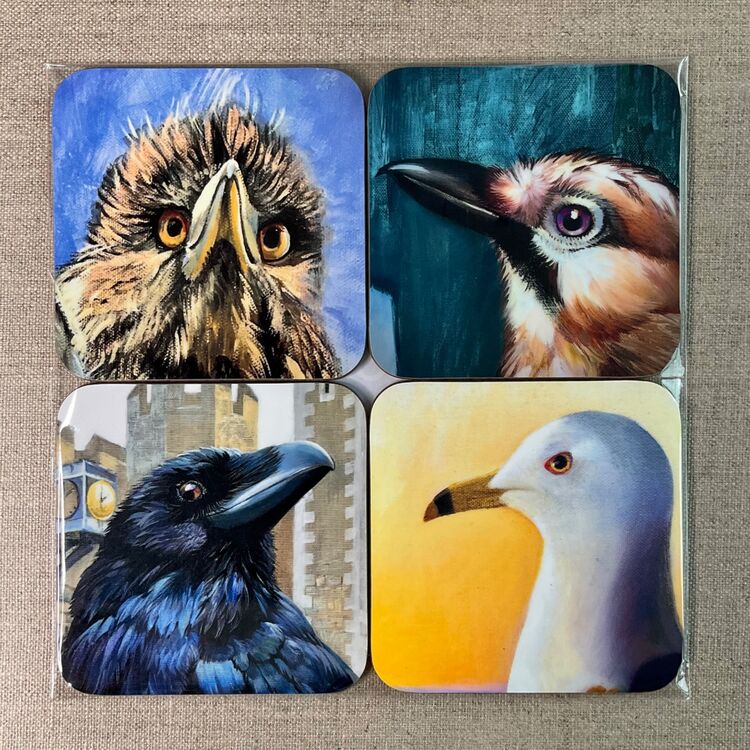 Blue birds coasters set, Heron, Jay, Raven, Seagull, £15, free UK delivery