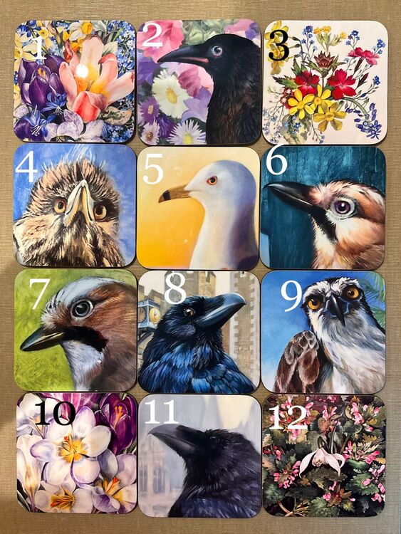 Birds and flowers printed on bright and glossy coasters