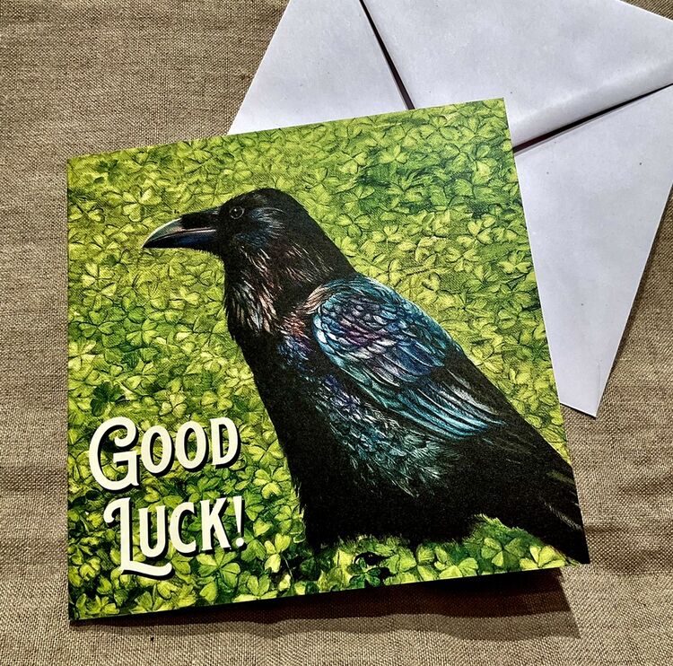 Raven Patrick in green Shamrocks greeting card, Good luck! Black raven, crow art