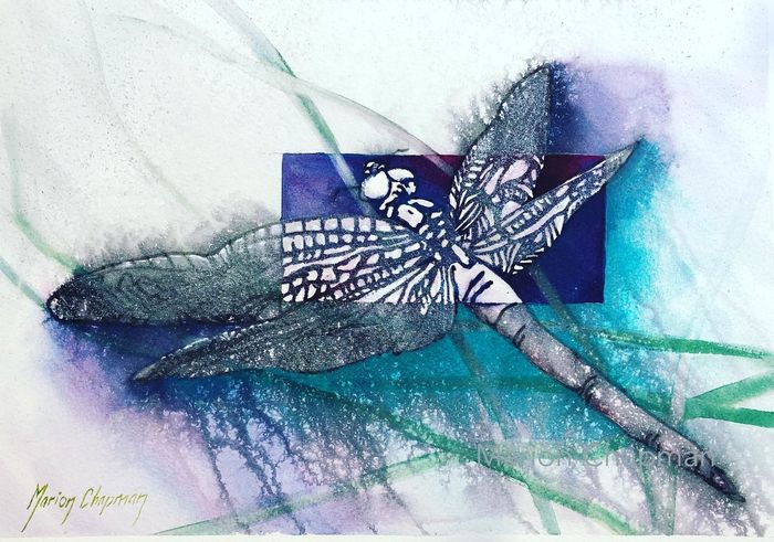 Dragonfly, watercolour & water-soluble markers