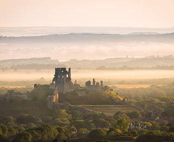 Corfe Castle at dawn, Dorset, England