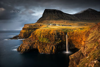 Gasadalur and Mulafossur waterfal (colour), Faroe Islands