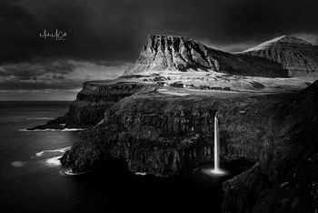 Gasadalur and Mulafossur waterfal (mono), Faroe Islands