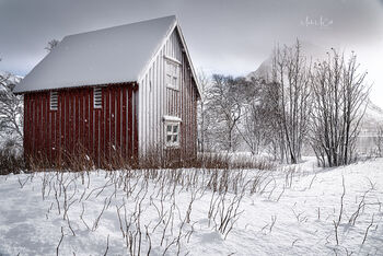Rorbu in snowfall, Senja, arctic Norway