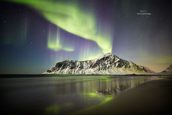 Green volcano, Aurora Borealis, Lofoten islands, Norway
