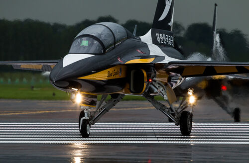 Korean Air Force 'BlackEagles' fly KA1T-50B Golden Eagle Supesonic Jet Trainers