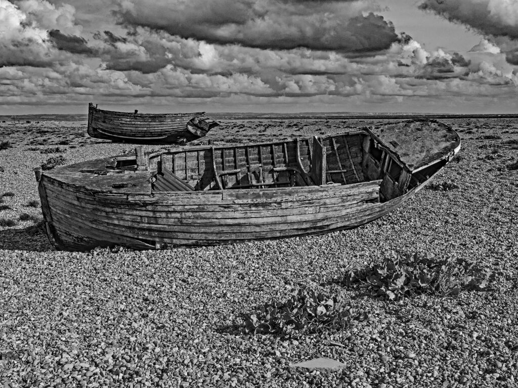 Two Derelict Boats at Dungeness, Black & White, Snapseed Edit