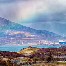 Rainbow close to an oil rig on Skye