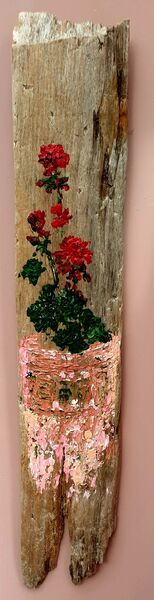 Red Geraniums on Driftwood