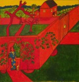 Lady & cat in walled garden