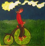 Man on penny farthing.
