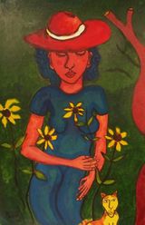 Lady holding Rubekia flowers & Cat (Stanley)