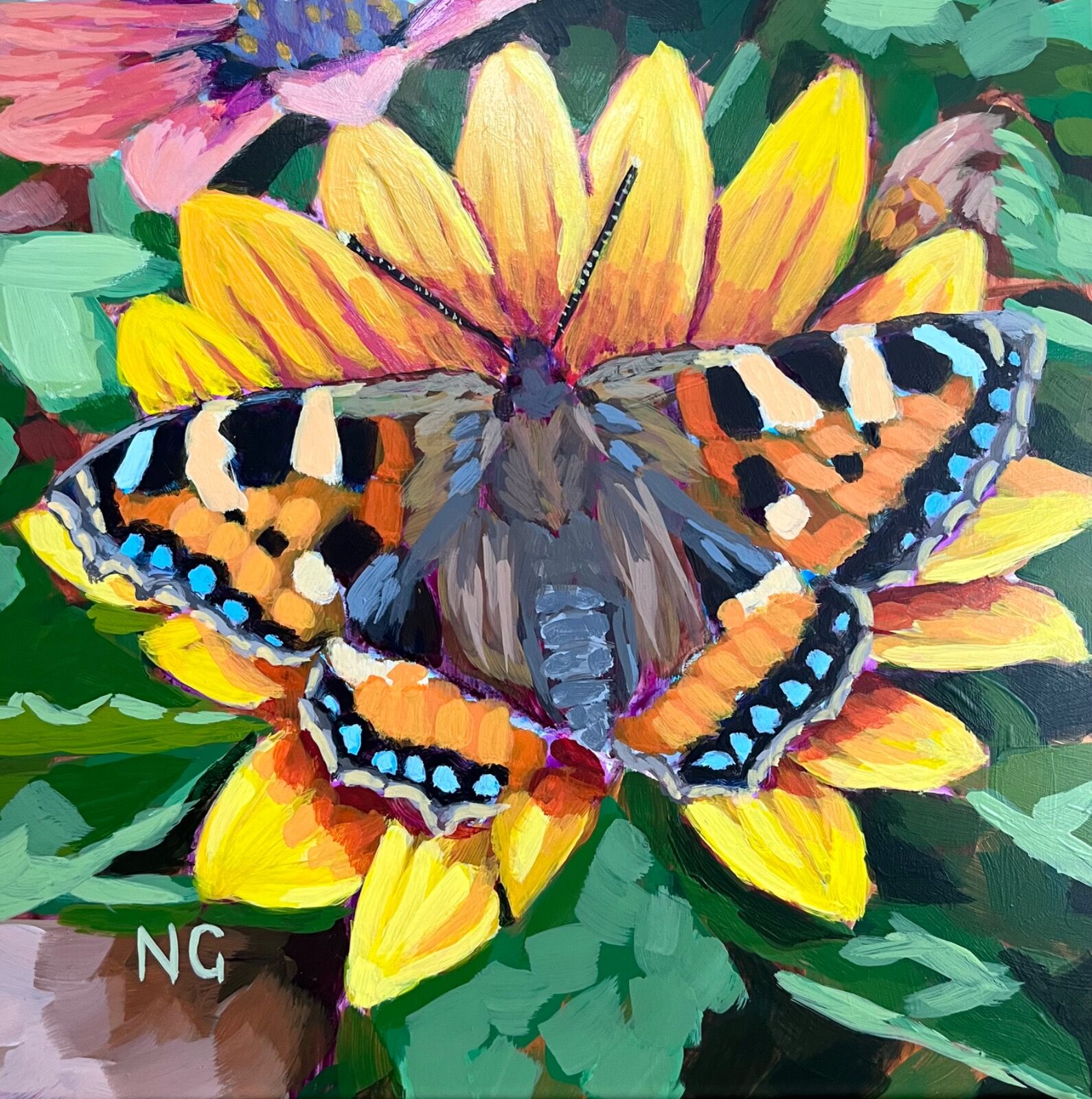 Small Tortoiseshell Butterfly on Yellow Flower 8”x8”