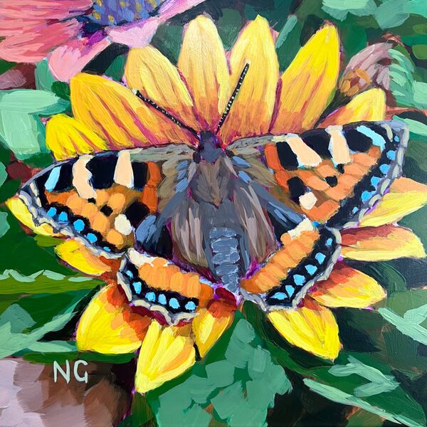 Small Tortoiseshell Butterfly on Yellow Flower 8”x8”