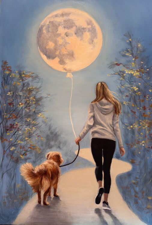 Oil painting of woman walking dog with balloon as the moon