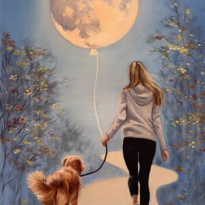 Oil painting of woman walking dog with balloon as the moon
