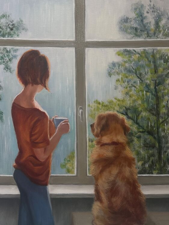 Painting of woman and golden retriever by window watching the rain