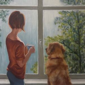 Painting of woman and golden retriever by window watching the rain