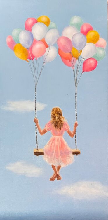 Oil painting of girl on swings in the air with air balloons