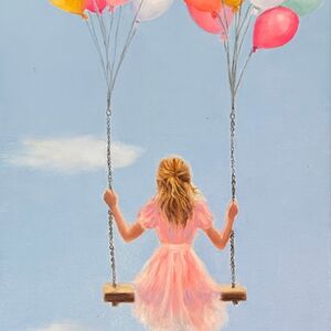Oil painting of girl on swings in the air with air balloons
