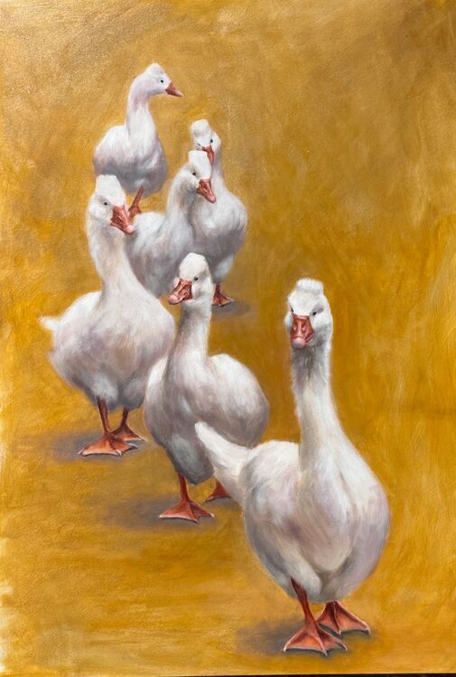 Oil painting of six geese