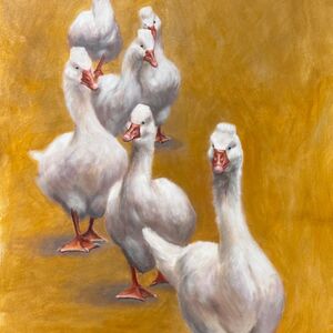 Oil painting of six geese