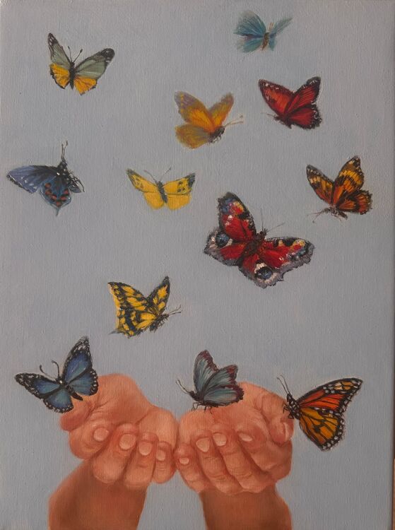 Oil painting of butterflies and hands stretched out