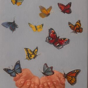 Oil painting of butterflies and hands stretched out